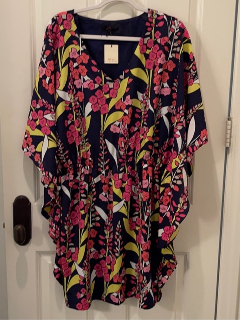 Trina Turk Navy Floral V-Neck Tunic with Pink & Lime Print